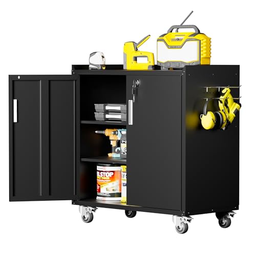 Metal Garage Storage Cabinet with Wheels, Lockable Rolling Tool Chest with Wheels, Tool Cabinet on Wheels, Metal Rolling Utility Cabinet for Home, Office, Garage and Workshop, Black