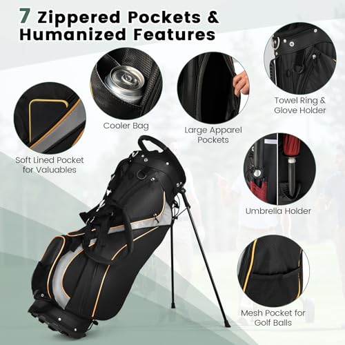 Tangkula Golf Stand Bag with 8 Way Top Dividers, Lightweight Golf Bag with Detachable Dual Strap & 7 Pockets, Rain Hood, Portable Golf Bag for Men & Women, Black