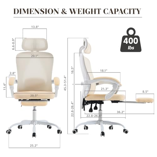Ergonomic Office Chair with Retractable Footrest, 400LBS Capacity,Synchronized Armrest, Breathable Mesh, Adjustable Lumbar Support