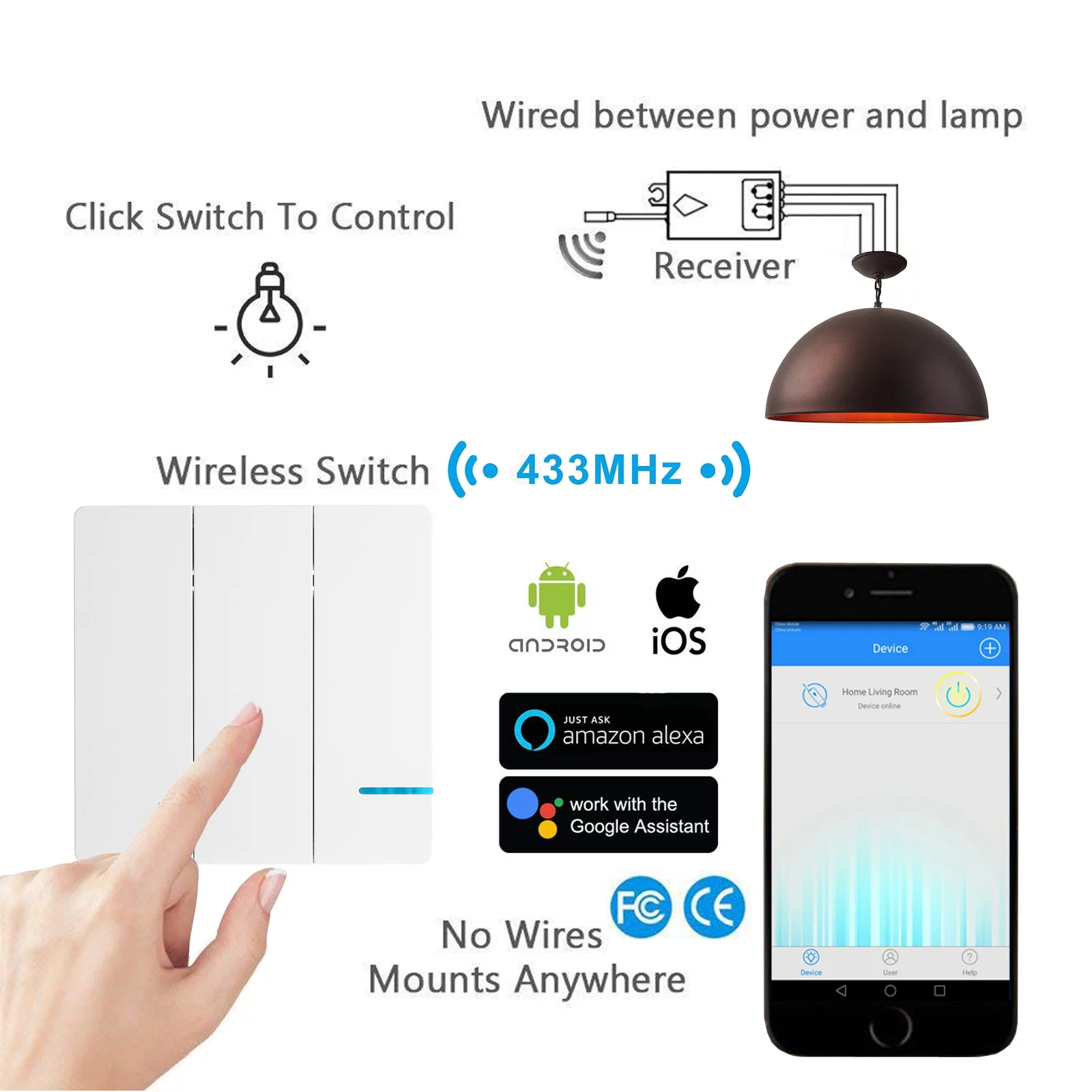 GREENCYCLE Smart Light Switch WiFi Wall Wireless 3-gang Switch + 3x WIFI Receiver Compatible with Amazon Alexa and Google Home Remote Control Lights and Appliances Timing Function