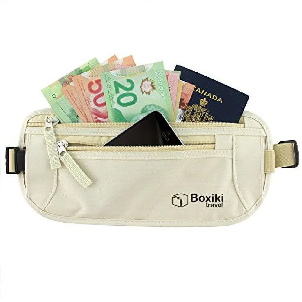 Money Belt - RFID Blocking Money Belt | Safe Waist Bag, Secure Fanny Pack for Men and Women by Boxiki Travel. Fits Passport, Wallet, Phone and Personal Items. Running Belt, Waist Pack (Beige)