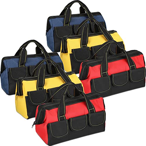 Silkfly 6 Pcs Tool Bag for Men Women Heavy Duty Tool Tote with Waterproof Hard Bottom Multi Pockets Large Mouth Organizer for Various Worker Electrician Carpenter Mechanic(13 Inch,Blue Red Yellow)
