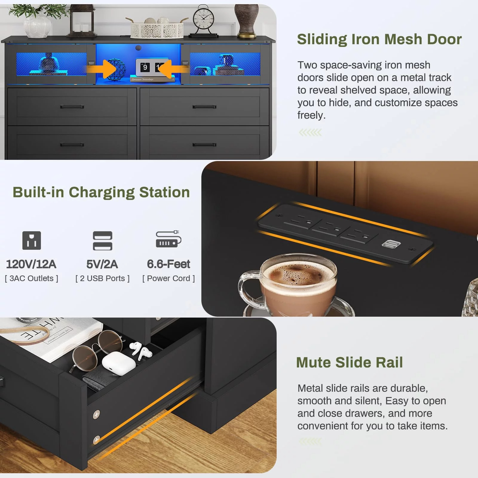 Afuhokles 6 Drawer Dresser with 2 Sliding Doors, Farmhouse Dresser for Bedroom, Wood Rustic Wide Chest of Drawers, Black