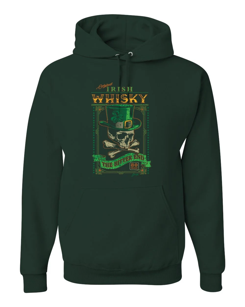 Wild Bobby Original Irish Whisky The Bitter End Skull St. Patrick's Day Unisex Hoodie Sweatshirt, Forest Green, Medium