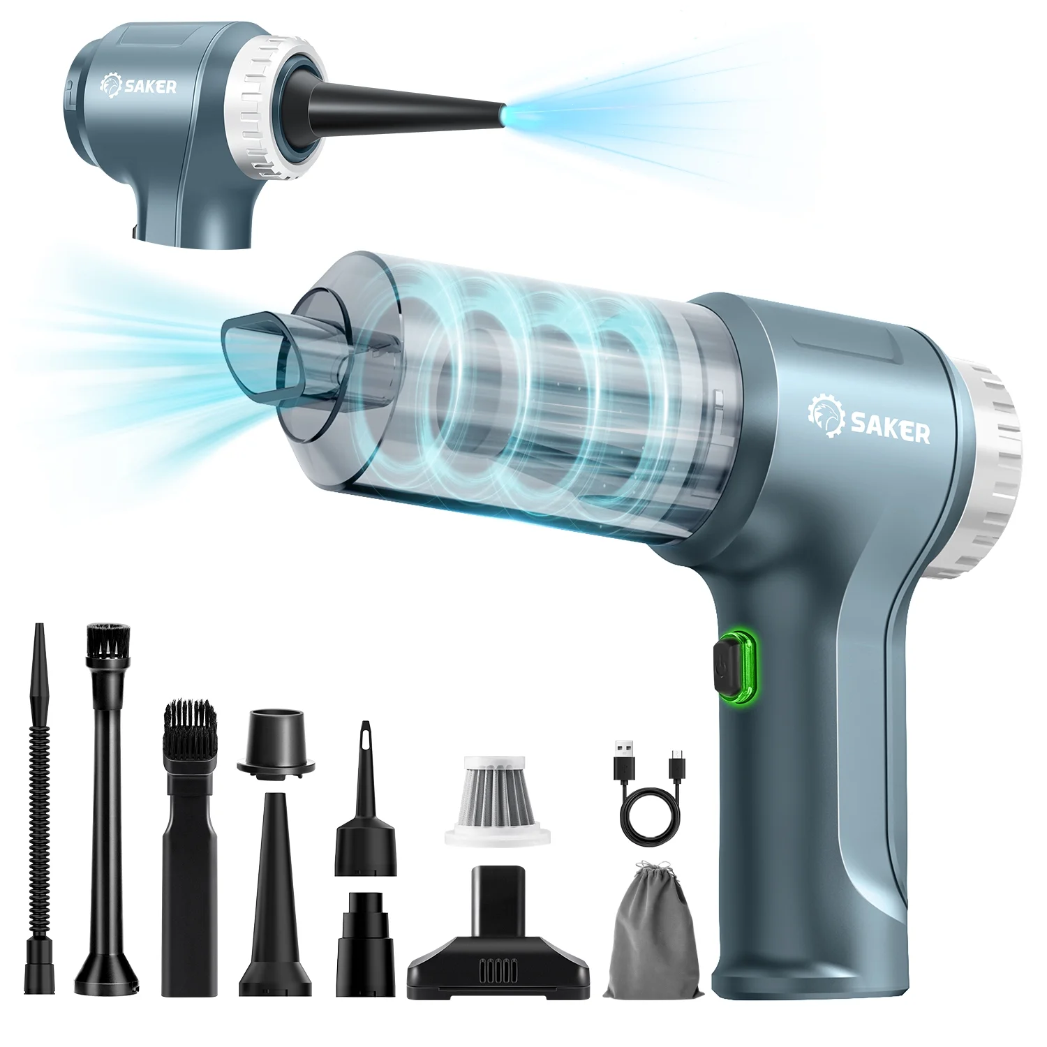 Saker Handheld Vacuum Cleaner, 12000PA 3 in 1 Car Cleaning Kit, Air Blower, Extractor Vacuum, with Brushless Motor, High Power & Type C