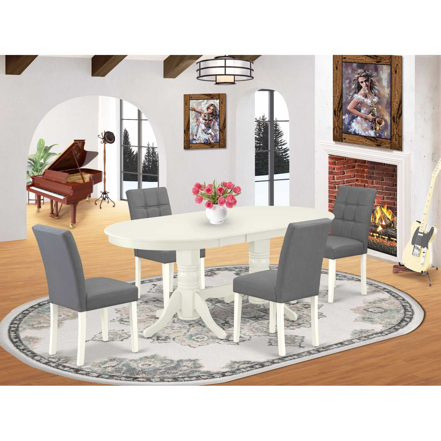 HomeStock 5 Piece Kitchen Table Set Includes An Oval Dining Table With Old World Charm Leaf And 4 Chairs, Linen White