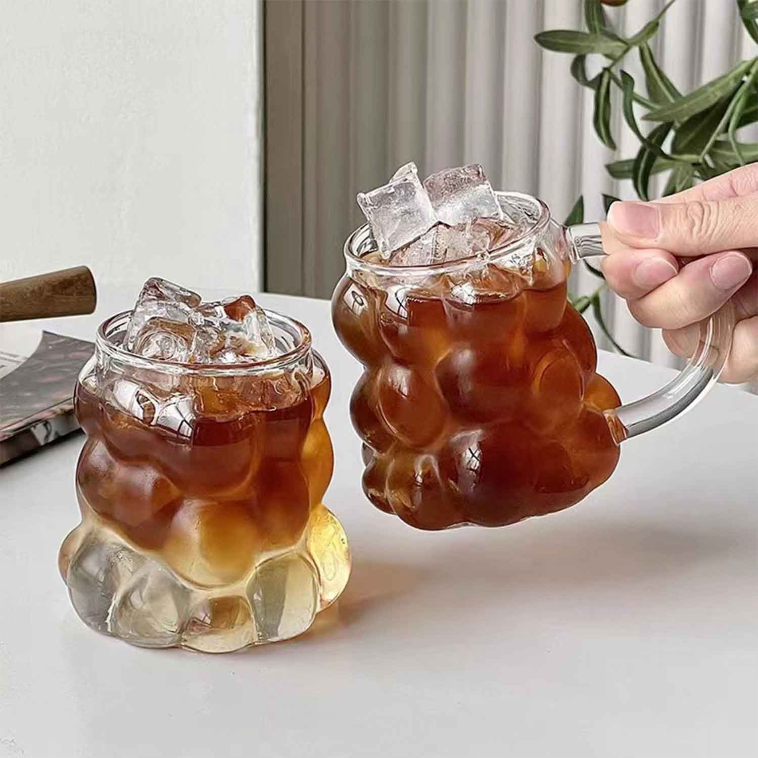 Glass Cups, Grapes Shape Heat Resistant Drinking Glasses Ice Coffee Bottle Glasses Fruit Juice Cup Water Glass Great for Soda Cocktail Tea (With Handle)