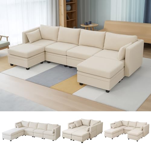 Modular Sectional Sofa with Storage, U Shaped Sectional Couch for Living Room, Convertible Sofa with Ottomans, High Supportive & Soft Sponge, 6 Seater, Beige