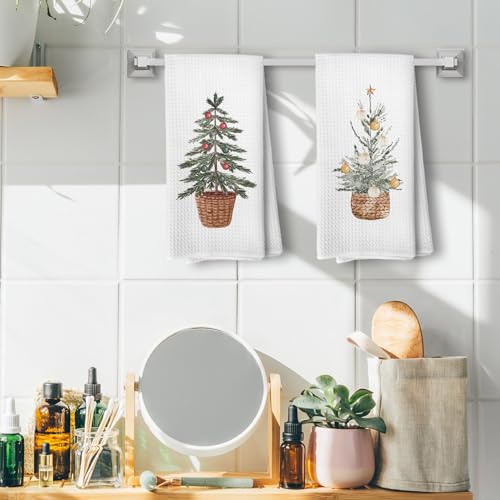 Winter Christmas Tree Kitchen Towels, Vintage Christmas Tree Decor, Farmhouse Green Xmas Tree Holiday Hand Dish Tea Towels for Bathroom Kitchen, 16x24 Inch Set of 4