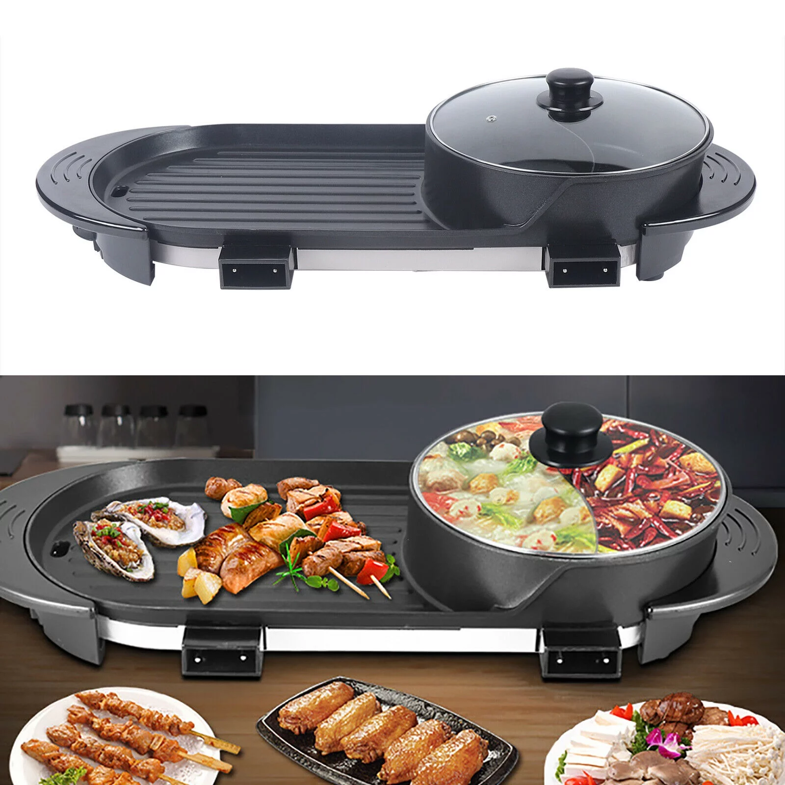 2 in 1 Electric Hot Pot Barbecue Grill Smokeless Grill BBQ Teppanyaki Shabu Pot Non-Stick Pan
