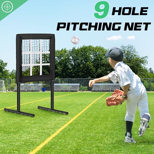 Heavy-Duty 9-Hole Pitching Net with Strike Zone, Adjustable Height, Portable Baseball/Softball Training Equipment for Pitching and Hitting Practice