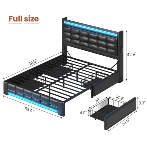 ADORNEVE Queen Bed Frame with Storage Headboard & 4 Drawers, LED Bed Frame Queen with Charging Station, Leather Upholstered Platform Bed Frame with Button Tufted, No Box Spring Needed, Black PU