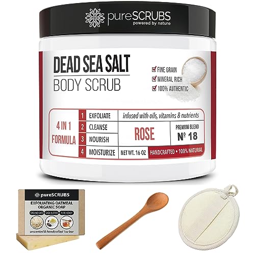 pureSCRUBS Premium Eucalyptus Body Scrub Set - Large 16oz Dead Sea Salt Body Scrub With Infused Essential Oils & Nutrients, Includes Wooden Spoon, Loofah & Oatmeal Exfoliating Bar Soap