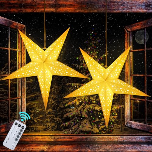 Hiboom 2 Pack Paper Star Lantern 24 Inch, 8 Mode 50 LEDs Firework Fairy String Lights, Five Pointed Light up Hollow Out Star Hanging Decoration for Indoor Outdoor Room Wedding Christmas Party