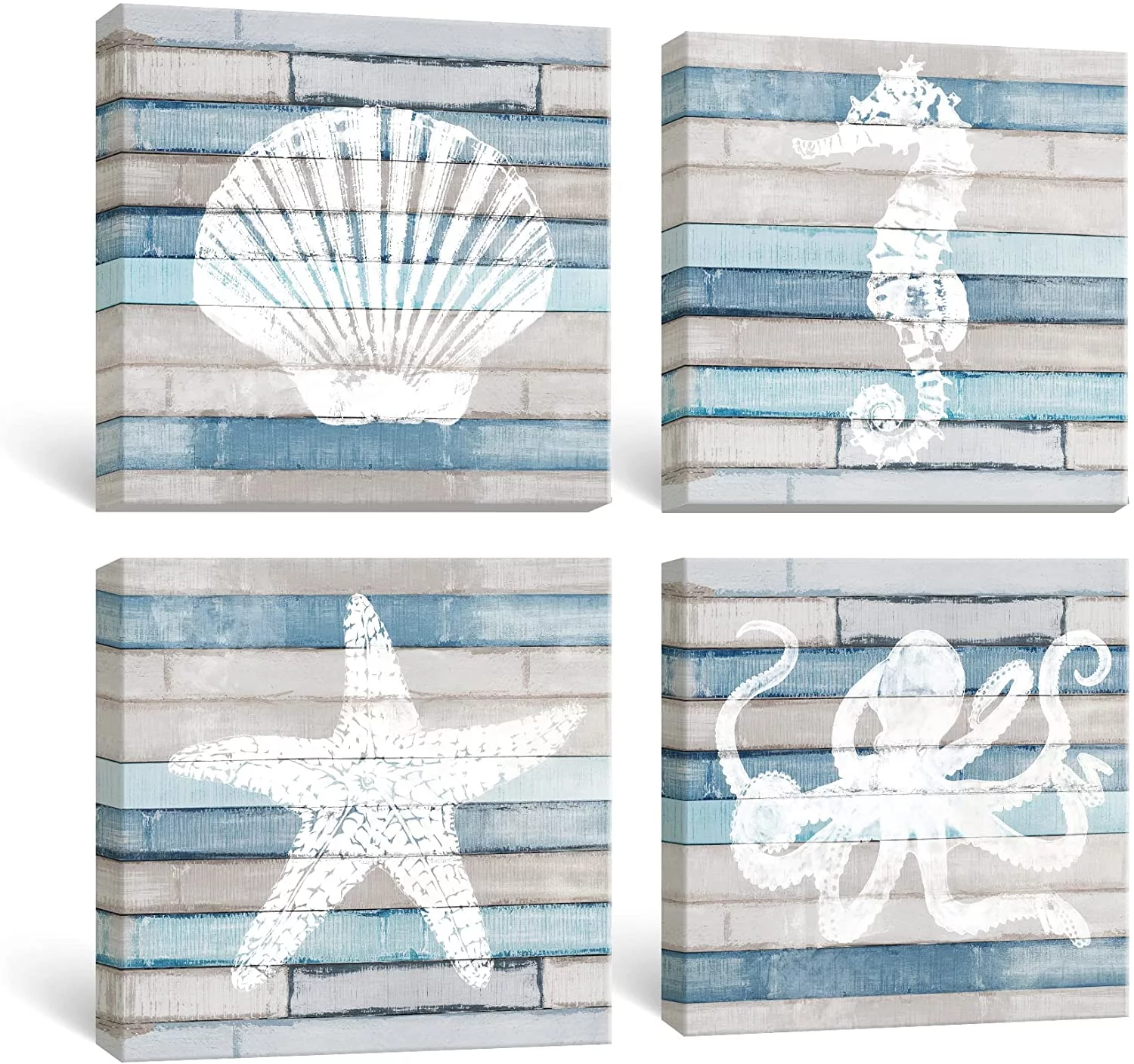 Afuly Rustic Bathroom Wall Art Beach Themed Pictures Seashell Starfish Seahorse Octopus Canvas Prints Blue Coastal Nautical Decor for Living Room set of 4, 12x12 inch