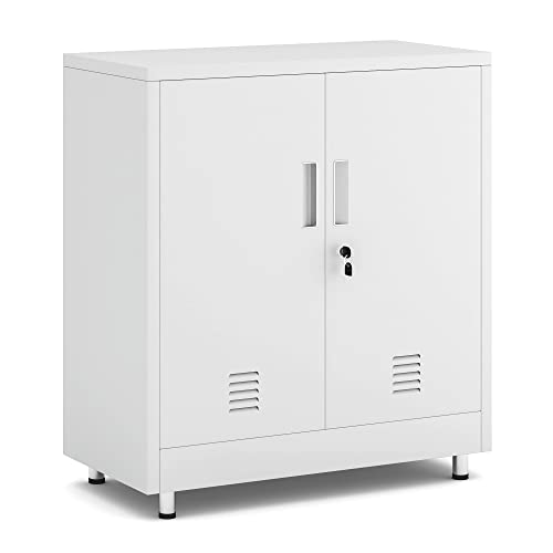 Metal Storage Cabinet with Locking Doors and Adjustable Shelf, Small Lockable Sideboard Buffet Cabinet for Home Office Hallway Entryway Living Dining Room (White)