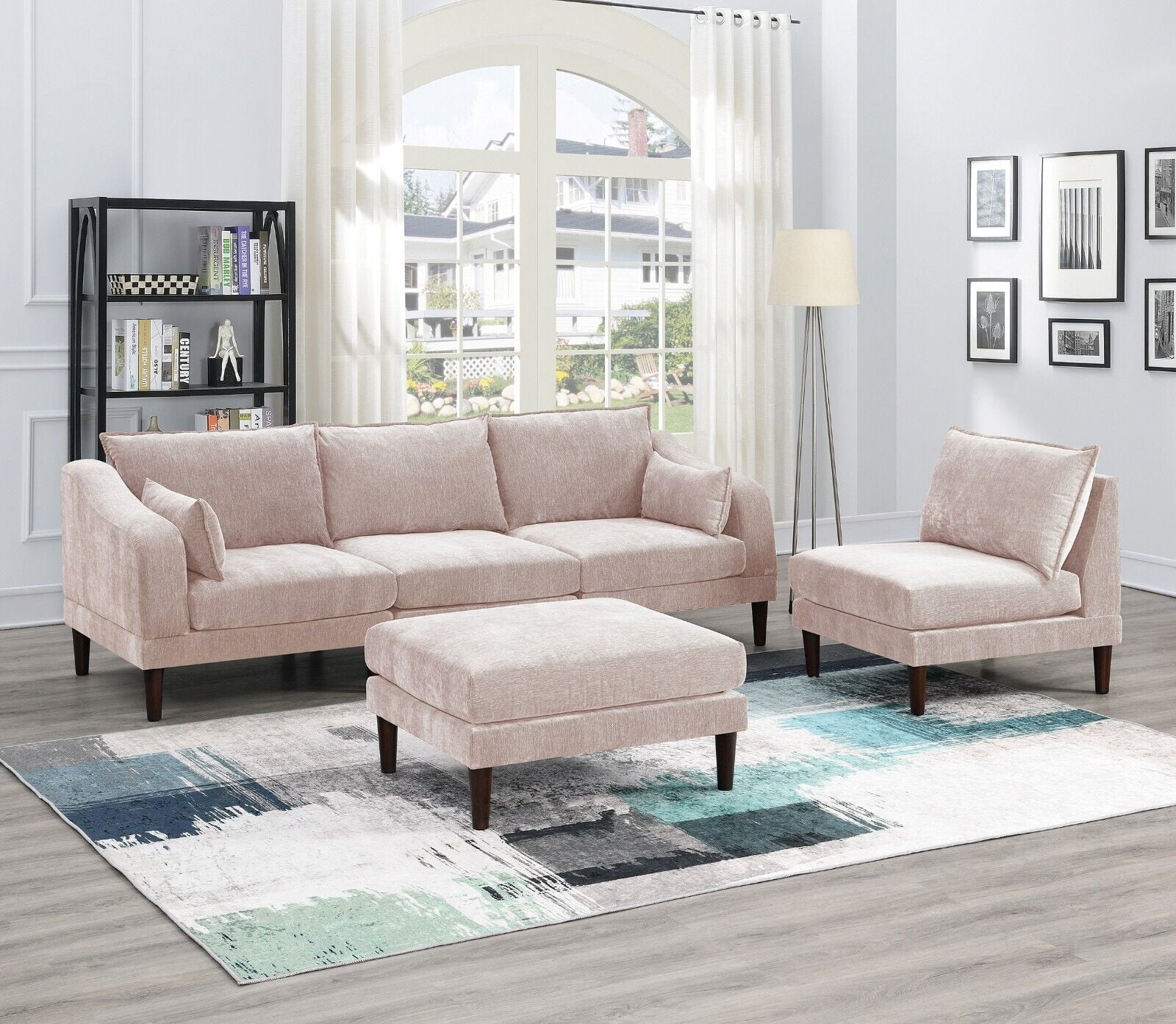 Living Room Classic 5pc Modular Sofa set 2x Armless Chair 2x Corner Wedge 1x Ottoman Blush Morgan Fabric Cushion Couch
