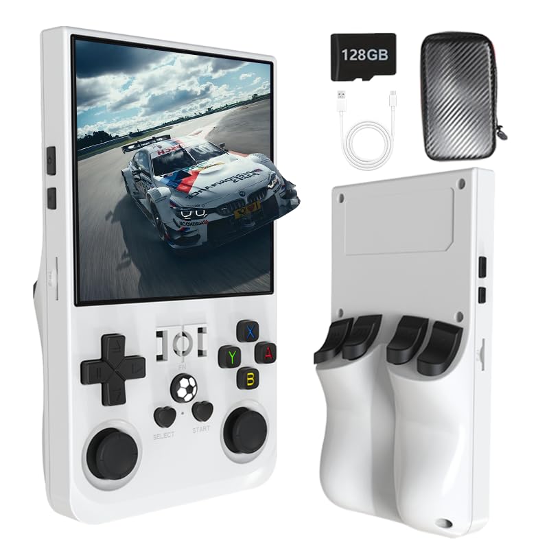 2025 New Retro Game Console 128G Handheld Gaming Device White Upgraded R36MAX 20000+ Mini Games Portable Classic Game Console 4K HD 4’’ IPS Glass Screen USB-C 4000mAh Arcade Video Gaming Console Gift