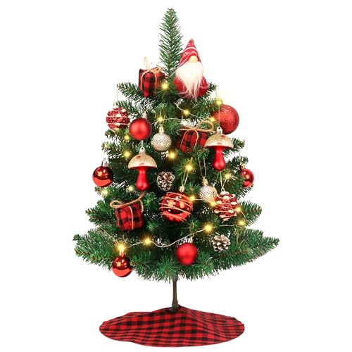Mini Small Christmas Tree with Lights, 2ft Artificial Small Table Top Christmas Tree with Gnome, Ball Ornaments and Buffalo Plaid Tree Skirt, 24 Pcs DIY Xmas Trees Decor for Toddler, Kids