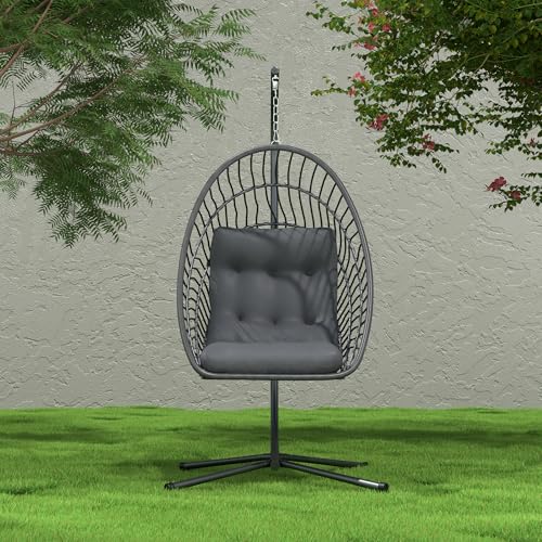 Hanging Egg Chair with Stand Indoor Outdoor, Foldable Rattan Wicker Hammock Egg Swing Chair for Bedroom Porch Patio Garden, Thickened Cushion, 350LBS Capacity, Heavy Duty Frame