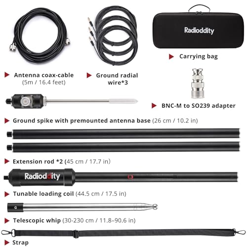 Radioddity HF-009 Portable HF Antenna, 5-50MHz Quick-Tuning Vertical Antenna, SWR 1.0-1.5, Compatible with Xiegu G90/X6100/X6200, Radioddity QT40/QT60/QT80, for HF Transceivers & Mobile Radios