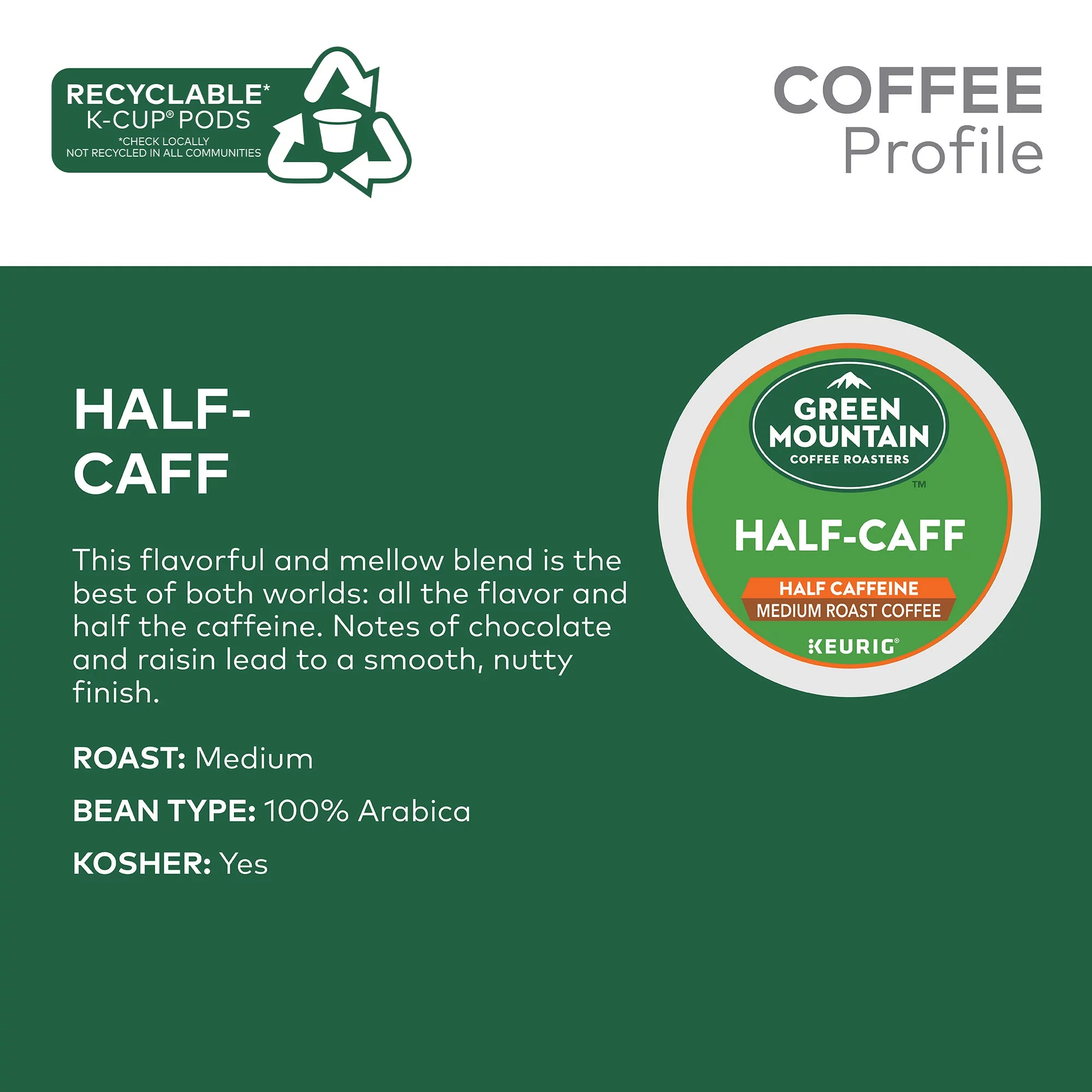 Green Mountain Coffee Half Caff Keurig Single-Serve K-Cup pods, Medium Roast Coffee, 48 Count