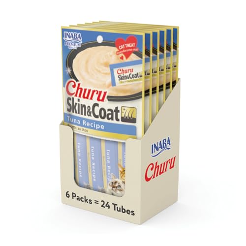 INABA Churu Lickable Purée Natural Cat Treats for Skin and Coat with Omega Oils, Taurine and Vitamin E, 0.5 Ounces Each Tube, 50 Tubes, Skin & Coat Variety