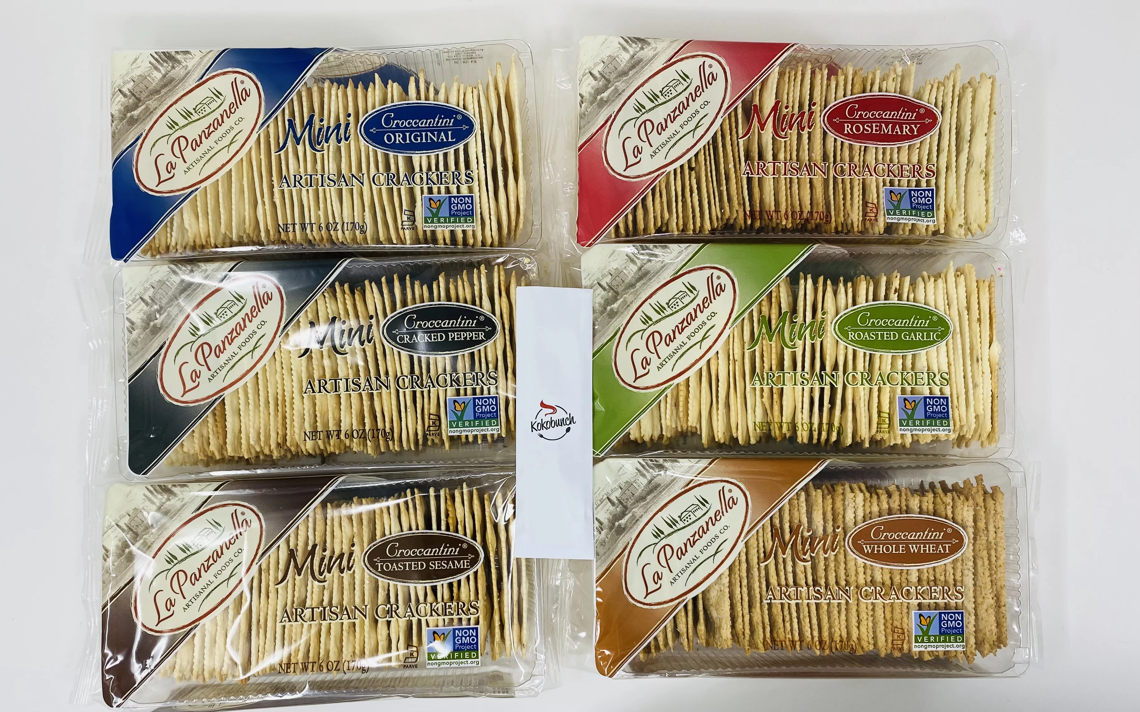 La Panzanella Artisan Crackers Mini Croccantini Variety Bundle | Cracked Pepper | Whole Wheat | Roasted Garlic | Rosemary | Toasted Sesame And Original With Kokobunch Kit 6oz (Pack of 6)