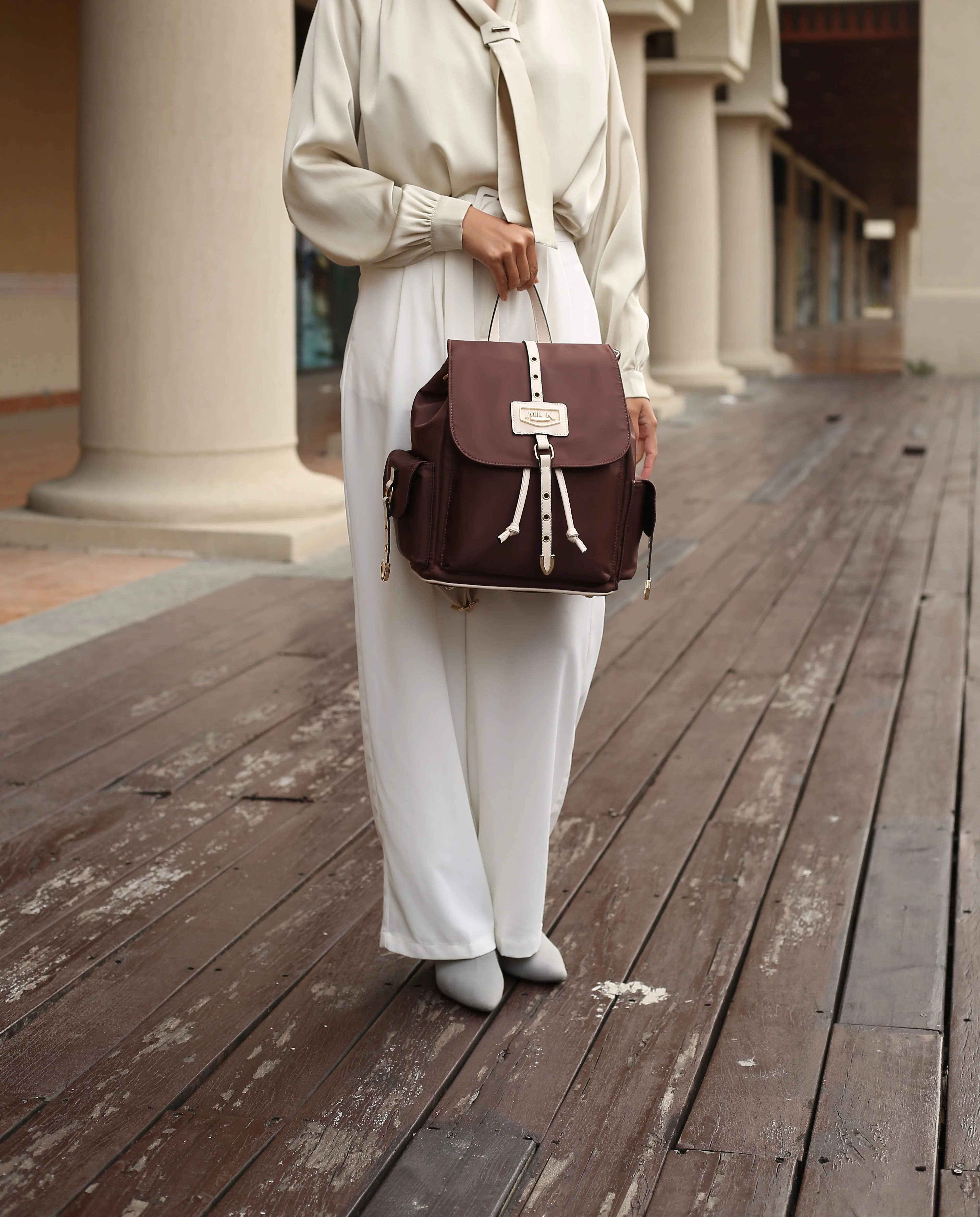 MFK Collection Paula Nylon & Smooth Vegan Leather Women’s Backpack by Mia K. - Taupe