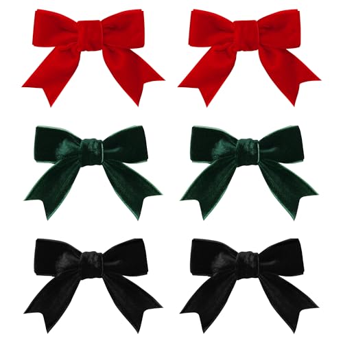 6Pcs Christmas Velvet Hair Bows Clip Velvet Bows Alligator Barrettes Knot Bows Hair Accessories for Girls Little Kids New Year Valentines (Dark green, red, black)