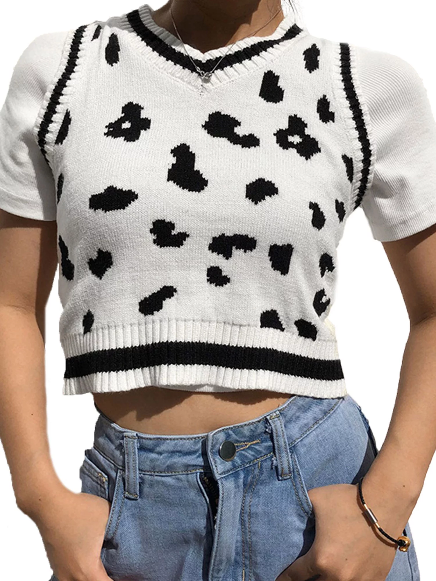 Fanvereka Classic Sweater Vest Women’s Trendy Cow Print Sleeveless V Neck Rib Knit Pullover Crop Top