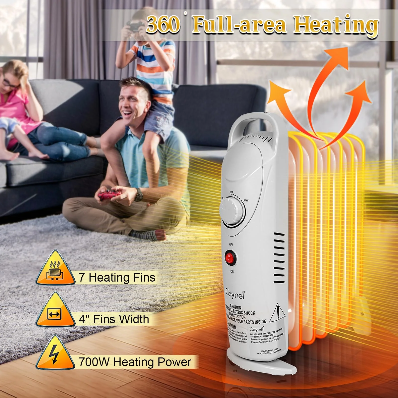 Caynel Mini Electric Oil Filled Radiator Portable Indoor Space Heater 7-Fin with Thermostat,Energy Saving,700W, White