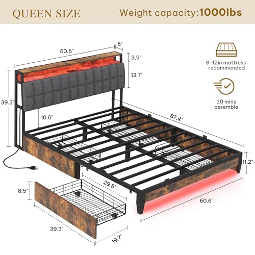 YITAHOME Queen Size Bed Frame with RGB LED Lights and 4 Drawers, Upholstered Platform Bed with Charging Station and Storage Headboard, No Box Spring Needed, Noise-Free, Fast Assembly, Rustic Grey