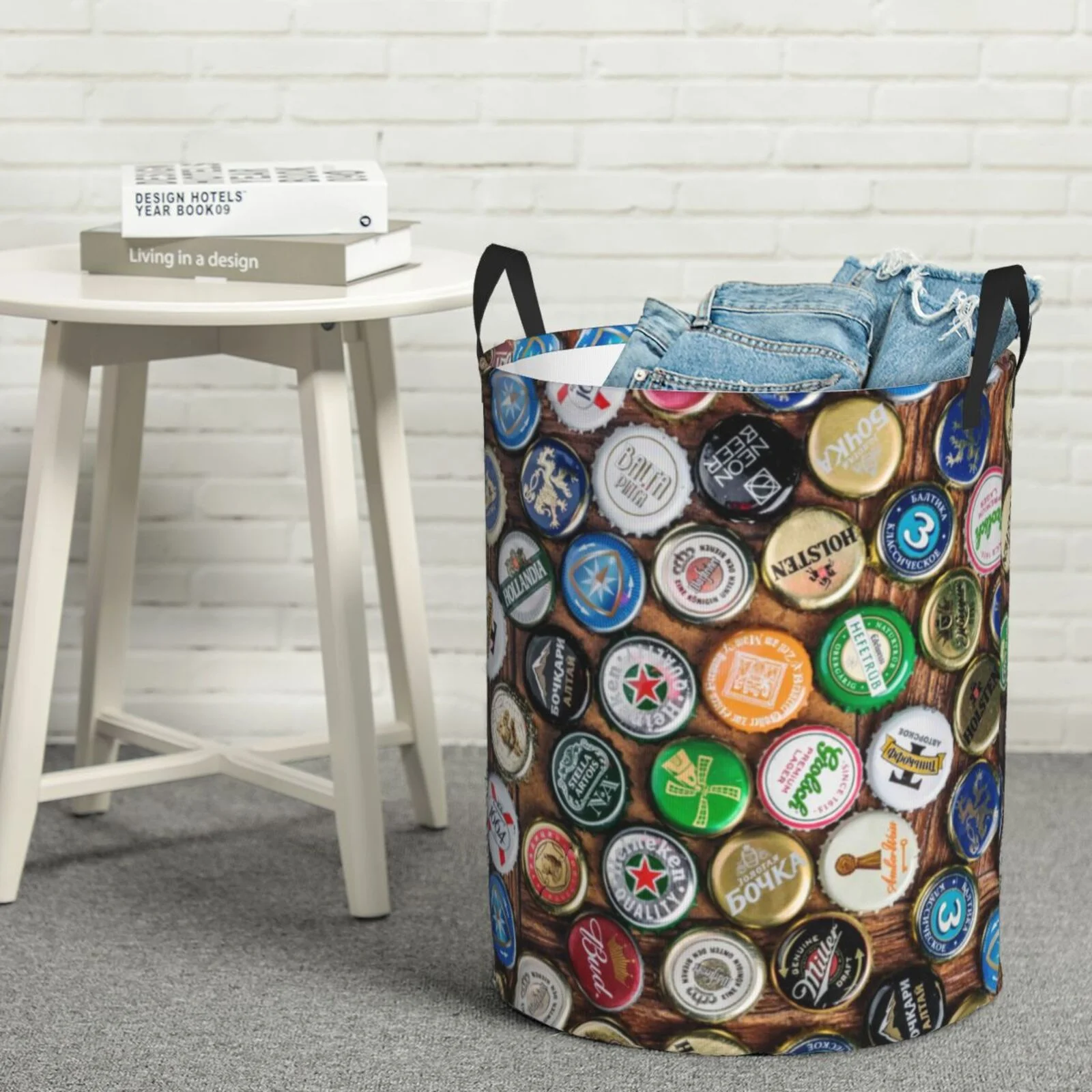Fotbe Laundry Hamper With Durable Leather Laundry Basket Beer Caps Thickened Waterproof Round Collapsible Laundry Hamper, Dirty Clothes Laundry Basket