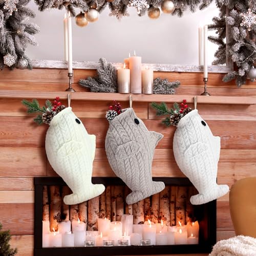 Coume 3 Pcs Cat Christmas Stocking 15.7 in Large Knit Boho Fish Christmas Stocking for Pet Cat Dog Xmas for Fireplace Gift Decor Fish Socking for Holiday Xmas Tree Hanging(Multicolor,Knitting)