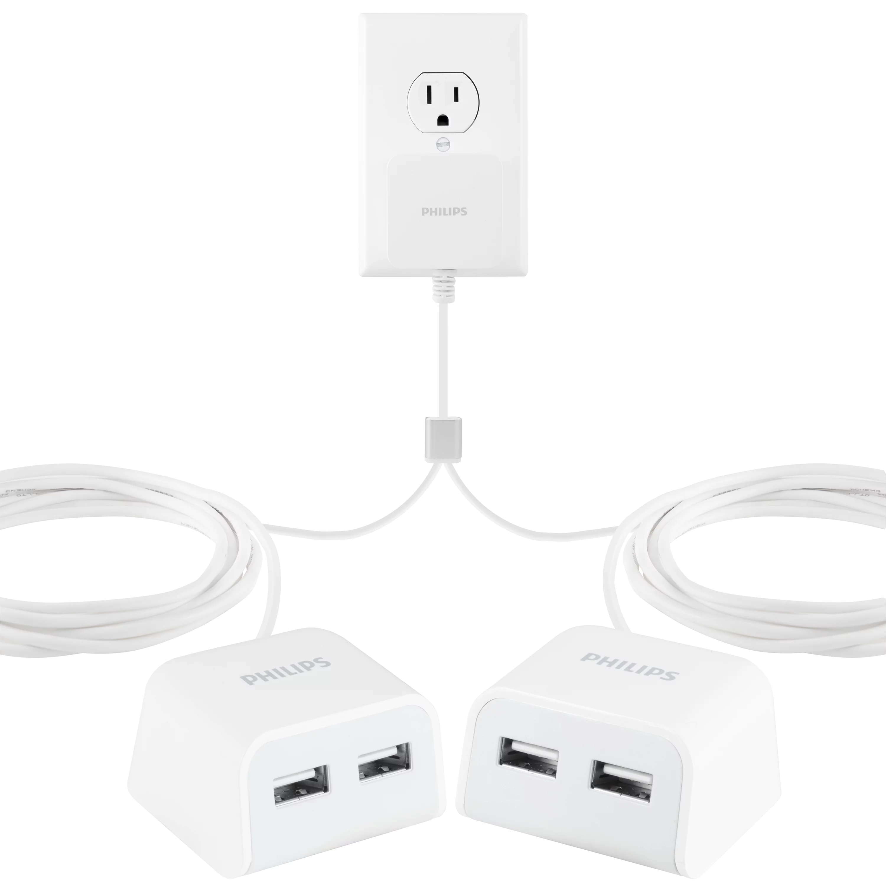 Philips Twin USB Tabletop Charger, 4 USB-A ports, Desktop Charger, 8ft Split Cord, White, DLK51344Q/27