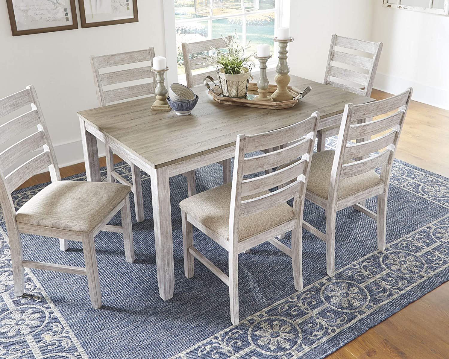Ashley Furniture Skempton 7 Piece Dining Set in White and Light Brown