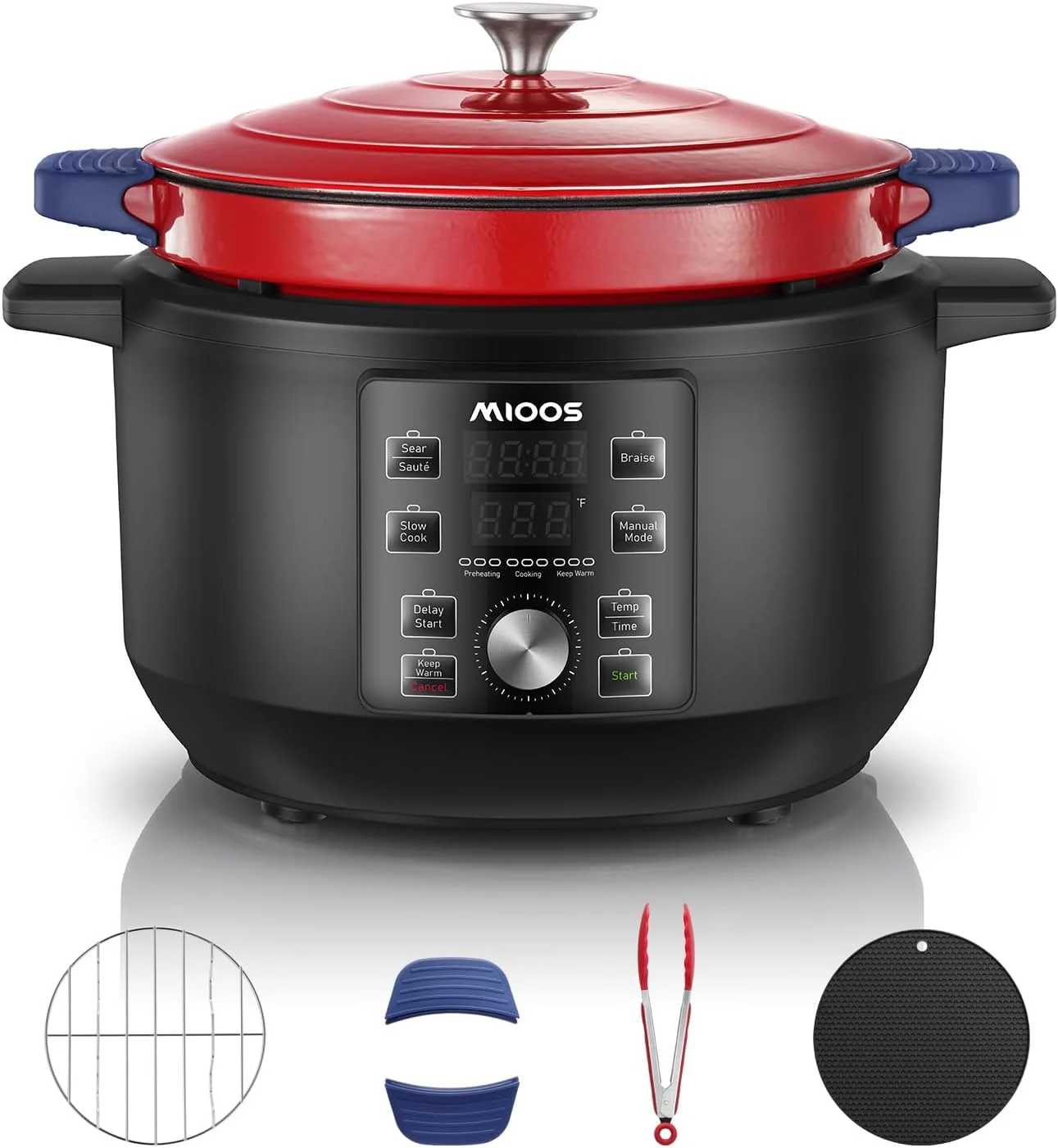 Electric Precision Enameled Cast Iron Dutch Oven 6 in 1 Multi Cooker 6 Qt Heavy Duty, Sear/Saute/Braise/Slow Cook/Keep Warm/Delay/Manual, Red