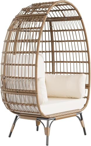 GAOMON Egg Chair, Oversized Wicker Outdoor Chairs with Luxury Cushions, 350LBs Capacity Steel Frame Patio Lounge Chaise for Indoor/Outdoor Use for Balcony, Living Room, Patio, White