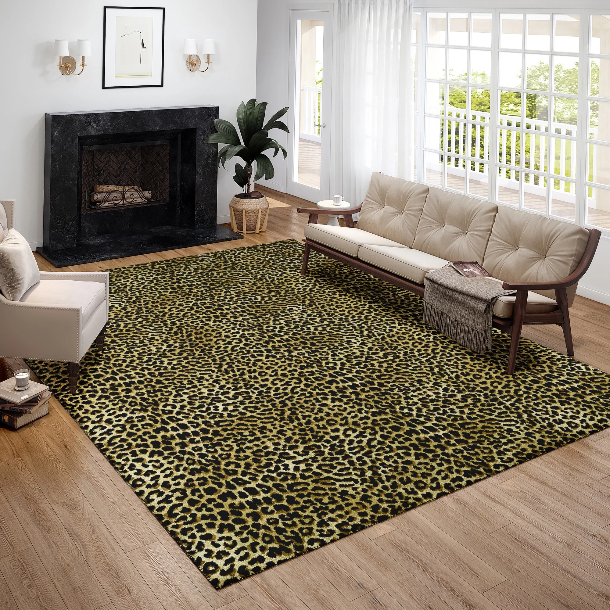 Safari Gold and Black Leopard Animal Print 9' x 12' Non-Skid Area Rug