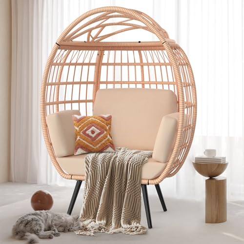 ZENPETIO Wicker Egg Chair, Oversized Indoor Outdoor Lounger with 4 UV Resistant Cushions, Storage Bag, All-Weather Wicker Egg Lounger Chair for Patio, Backyard, Living Room, 370lbs Capacity - White