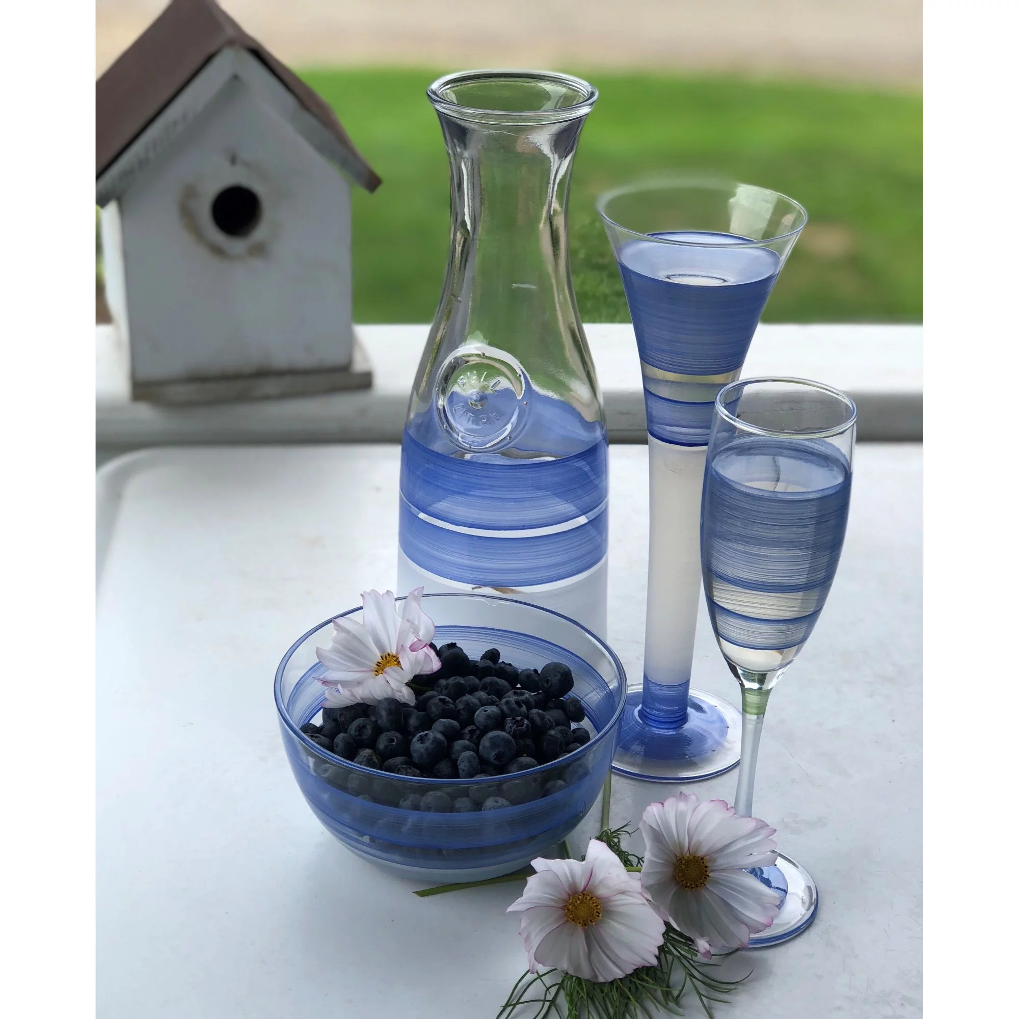 Golden Hill Studio Set of 2 Blue and Clear Retro Striped Wine Glasses 5.75 oz.