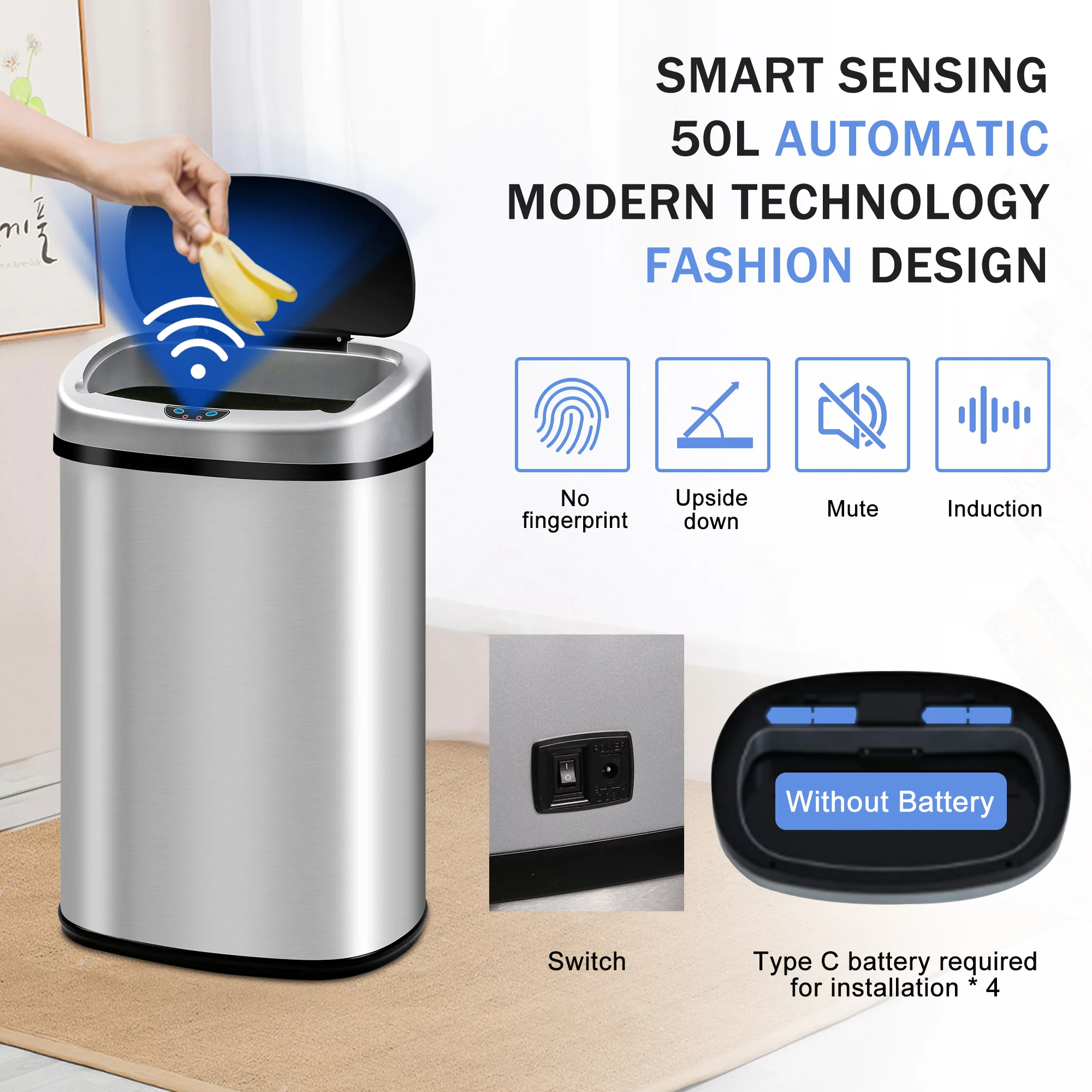 13 Gallon Kitchen Trash Can Automatic Stainless-Steel Garbage Can with Touch-Free & Motion Sensor, Anti-Fingerprint Mute Designed Brushed Waste Bin for Home, Silver