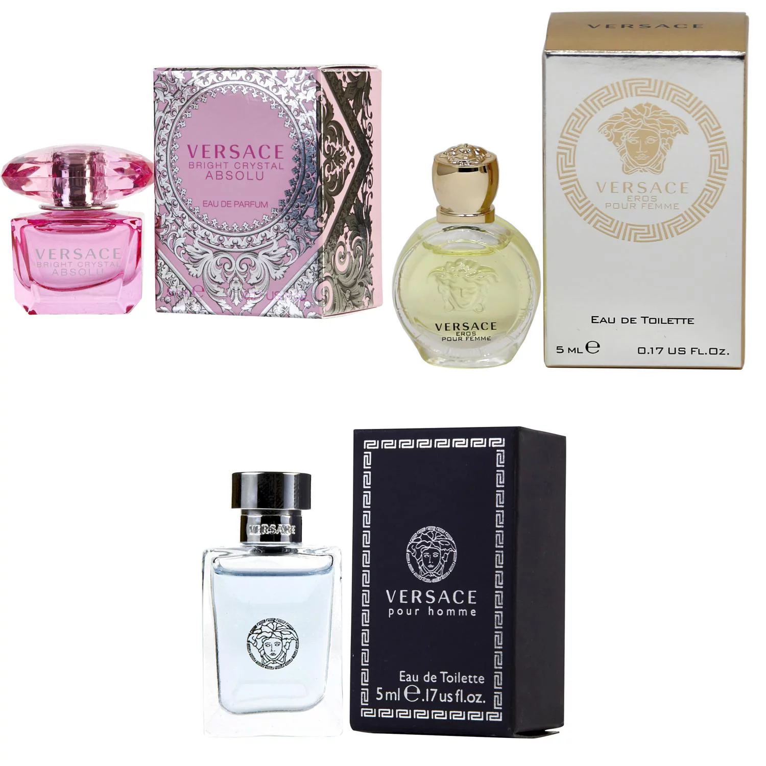 Versace Bright Crystal Absolu EDP, Eros Women EDT, Pour Homme EDT - 5ml 3PK Kit
