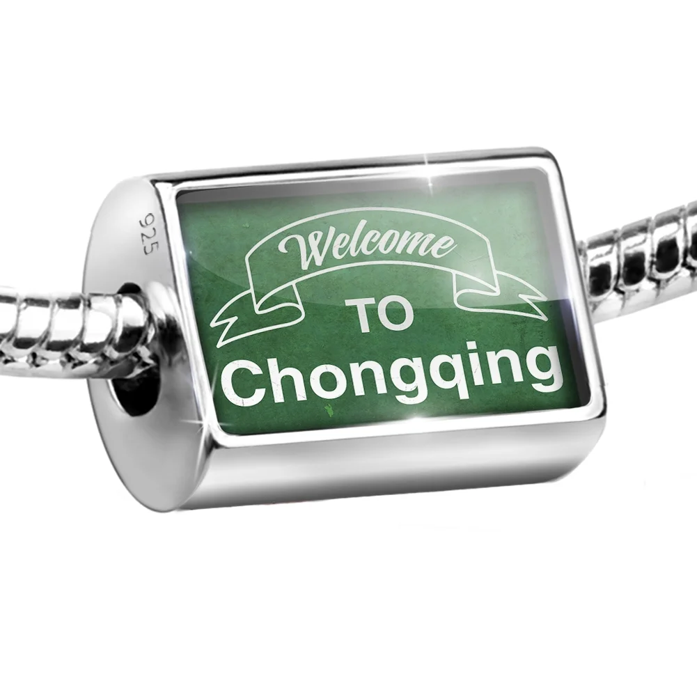 Neonblond Charm Green Sign Welcome To Chongqing 925 Sterling Silver Bead
