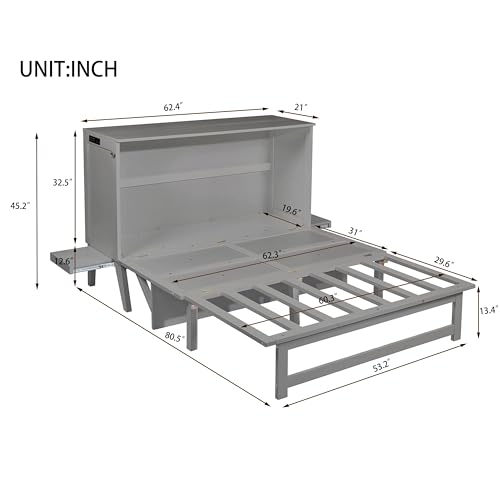 KEIKI Queen Size Cabinet Murphy Bed with Charging Station, Drawers, Removable Shelves, Multiple Storage Foldable Hideaway Wall Murphy Bed Frame, No Box Spring Needed, Easy Assembly, for Bedroom, Grey