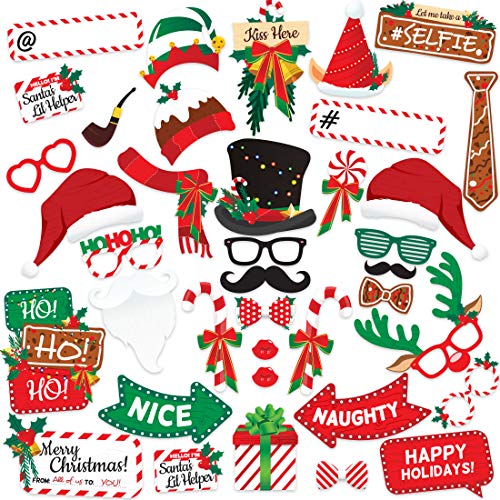 Christmas Photo Booth Props 38pc Set - Christmas Party Decorations, Party Favors, Games & Supplies for Kids Adults - Christmas Photo Props Backdrop Table Decorations Accessories