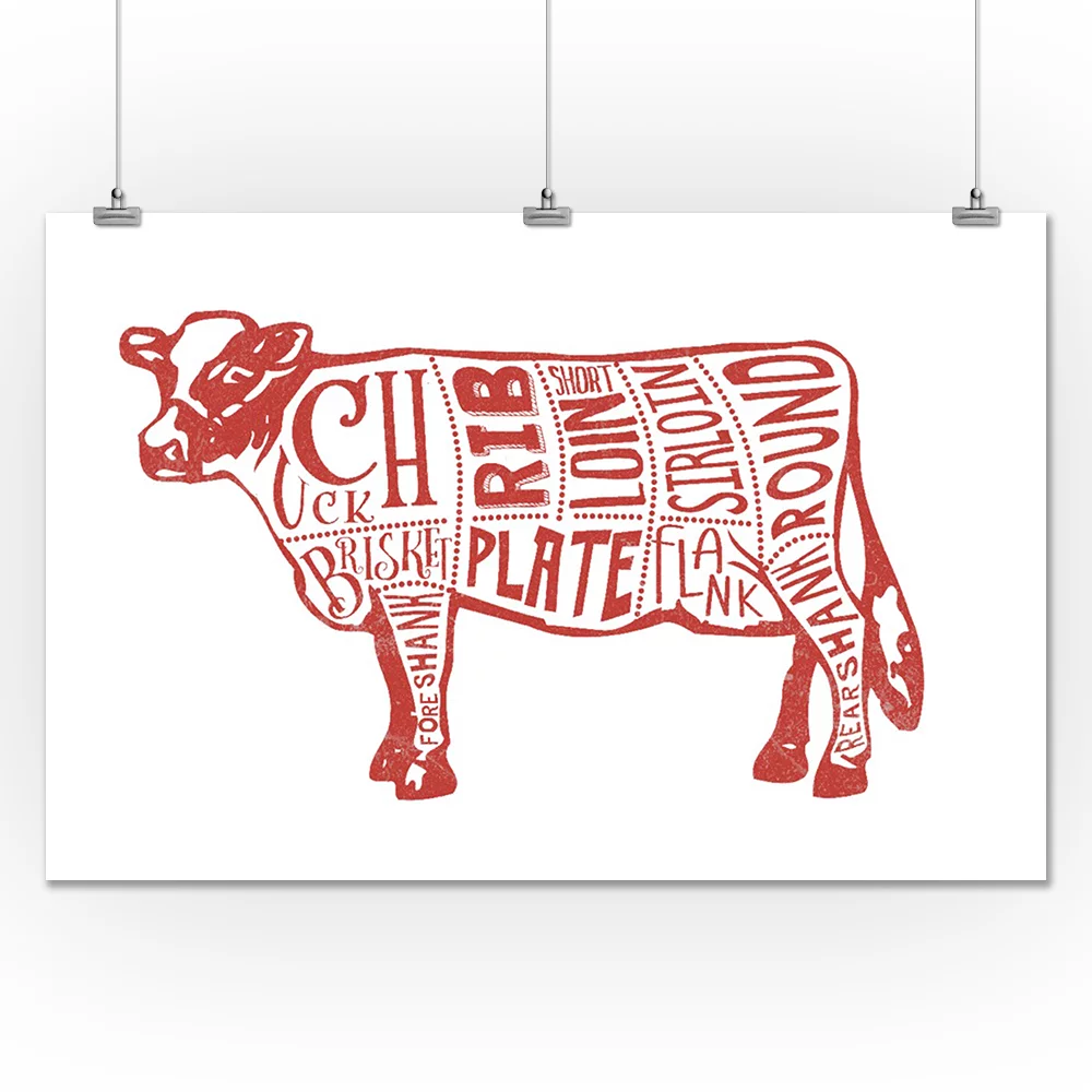 Beef, Butchers Block Meat Cuts, Red Cow on White (24x36 Giclee Gallery Art Print, Vivid Textured Wall Decor)