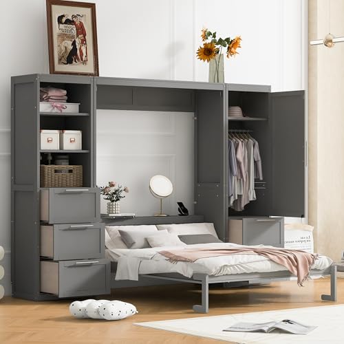 Merax Murphy Bed Queen Size, Built-in Shelves, Storage Drawers and Wardrobe, Wood Folding Wall Bedframe for Guest Room, Home Office, Grey