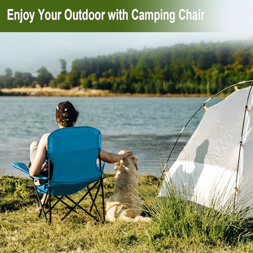Folding Camping Collapsible Chairs Heavy Duty Lawn Chair with Cooler Bag, Storage Pocket, Waterproof Bag Outdoor Arm Chair, Supports 225LBS, Blue